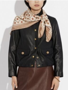 Coach Women's Scarf with Floral Print in Brown and Cream, Silk-Effect